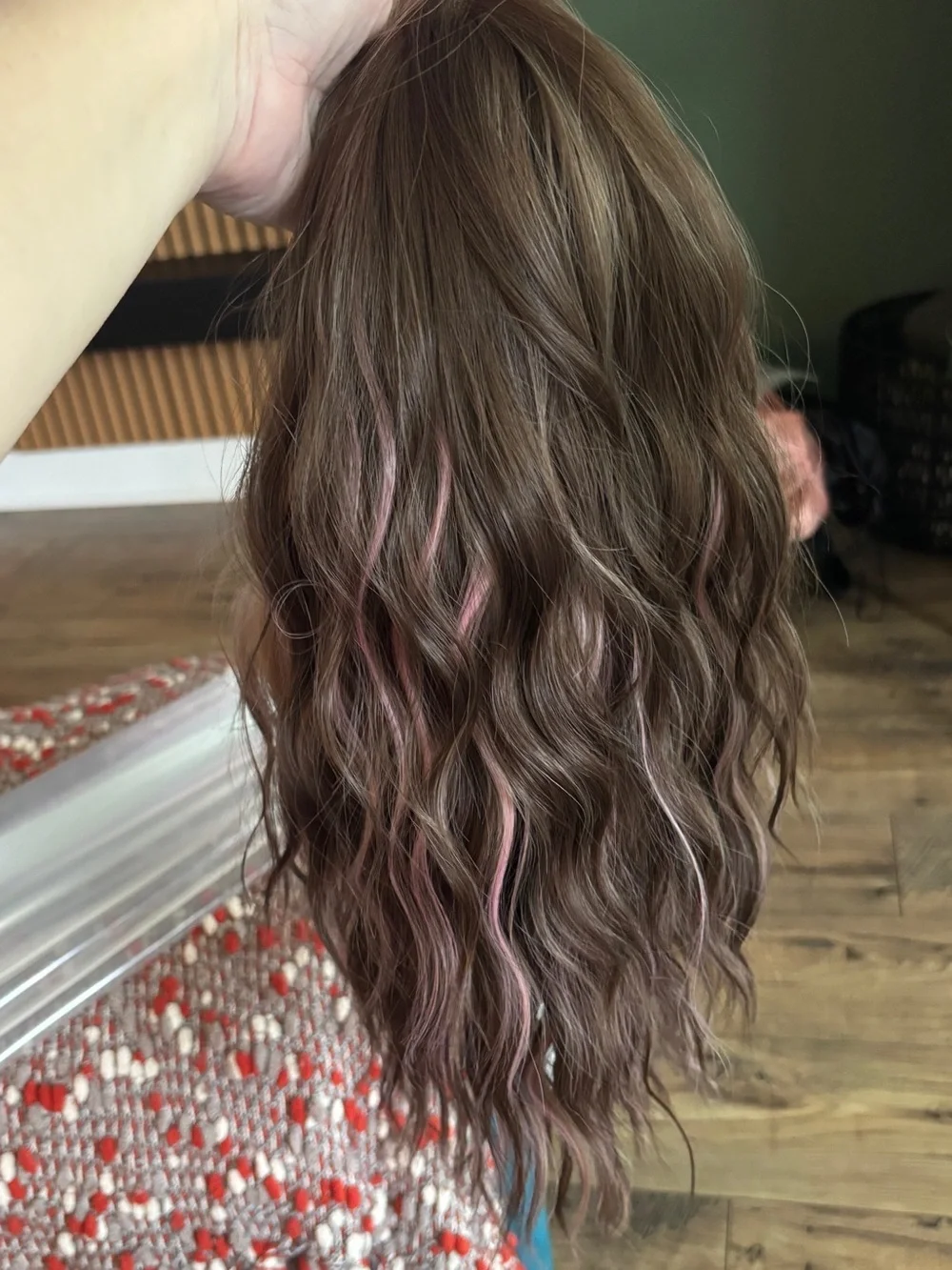 Carkira brown with pink face framing highlights. Petite but fits standard.